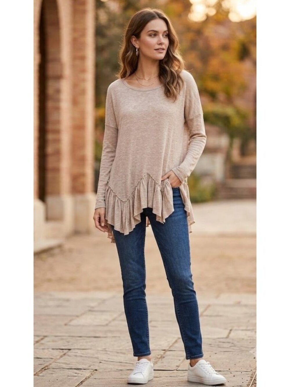 1.4.3 Story By Line Up Beige Long Sleeve Ruffled Hem Top Womens L
